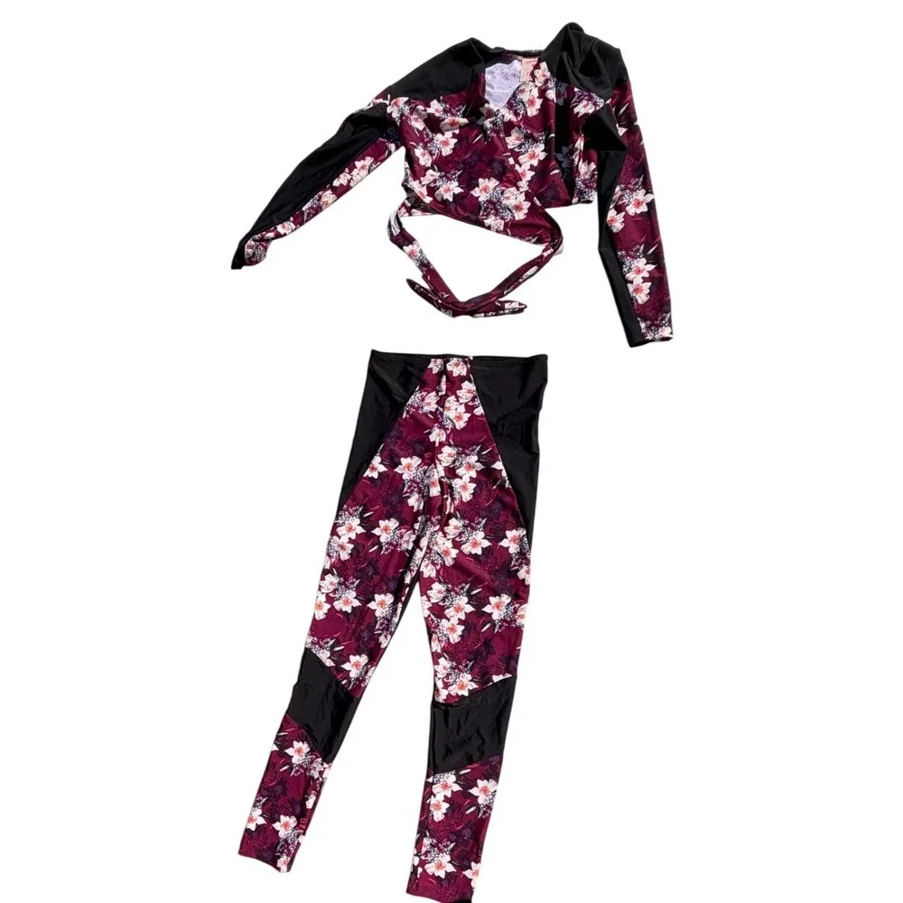 Zinke Anthropologie Floral Rash Guard Set Wrap Crop Top Swim Leggings Burgundy